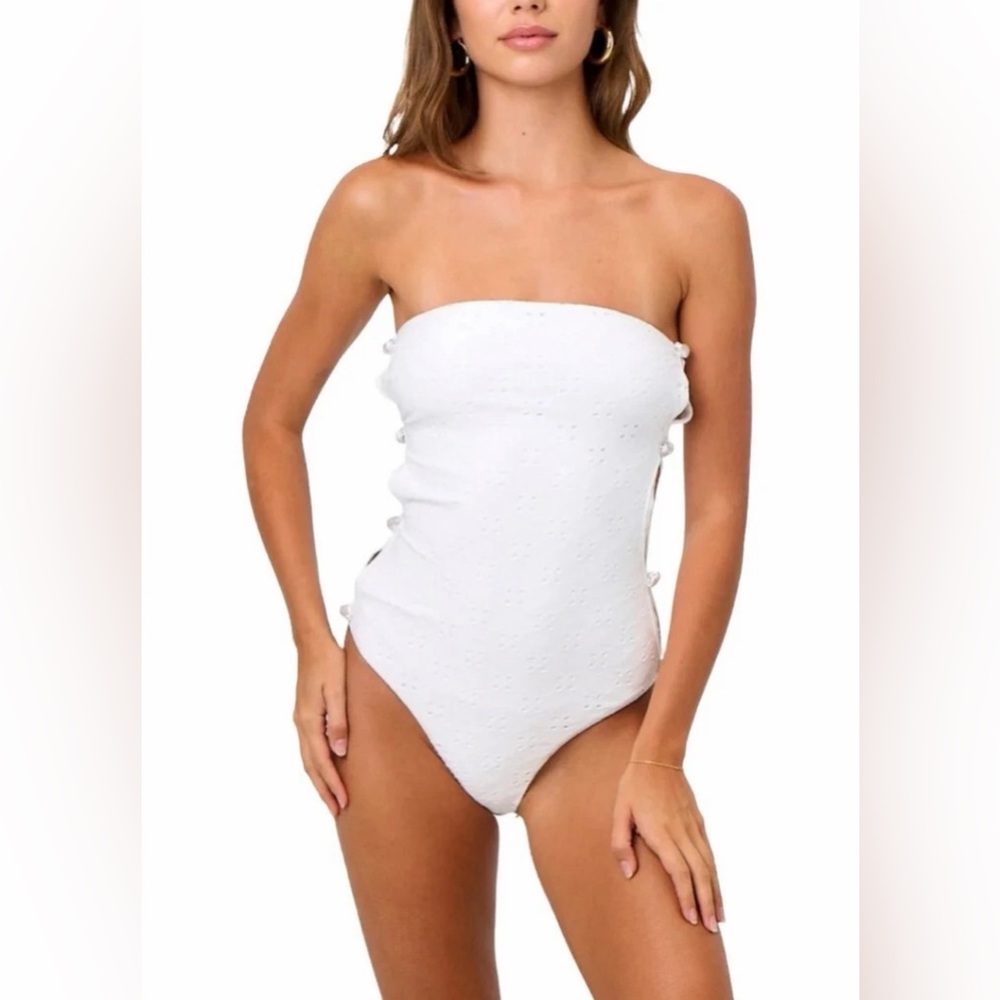 La Porte Stephanie One Piece White Eyelet Strapless Swimsuit Pearl Detail Size S